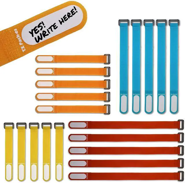 Main image of Multi-Purpose Cinch Straps (Assorted-Color 20 Pack). Reusable Waterproof Hook and Loop Cable Tie, Write-on Label for Easy Cord & Stuff Indentification, Organization & Management, by