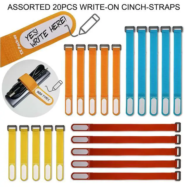 Alt view image 2 of 6 - Multi-Purpose Cinch Straps (Assorted-Color 20 Pack). Reusable Waterproof Hook and Loop Cable Tie, Write-on Label for Easy Cord & Stuff Indentification, Organization & Management, by