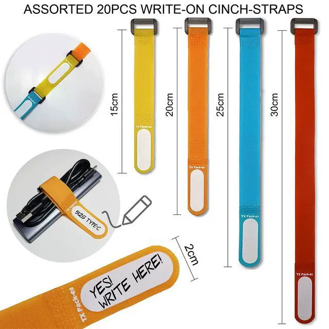 Alt view image 4 of 6 - Multi-Purpose Cinch Straps (Assorted-Color 20 Pack). Reusable Waterproof Hook and Loop Cable Tie, Write-on Label for Easy Cord & Stuff Indentification, Organization & Management, by