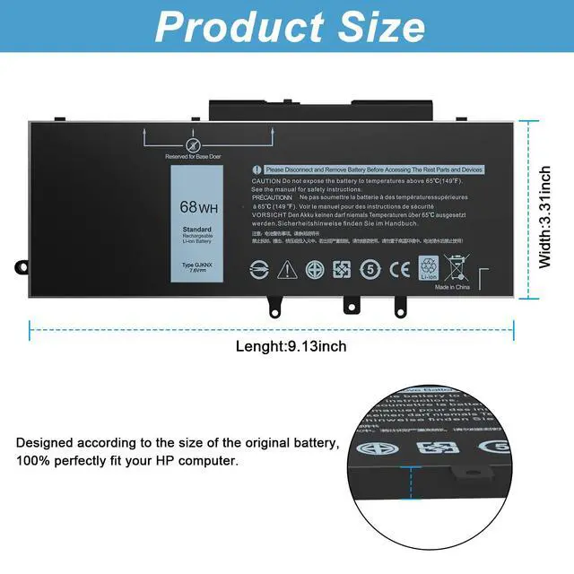 Alt view image 3 of 7 - GJKNX Battery Replacement for Dell Latitude 5480 5580 5280 5288 5488 5590 5591 5490 5491 5495 E5480 E5580 E5490 E5590 Precision 15 3520 3530 Series GD1JP 0GD1JP DY9NT 451-BBZG 5YHR4 68Wh 7.6V