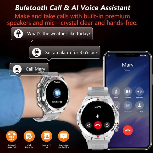 Alt view image 2 of 6 - Military Smart Watch for Men with AI Q&A (Answer/Make Call/SMS Reply), 1.52" HD Smartwatch for Android Phones/iPhone, 100+ Sport Mode Fitness Tracker with HR, SpO2, Sleep Monitor (Silver)