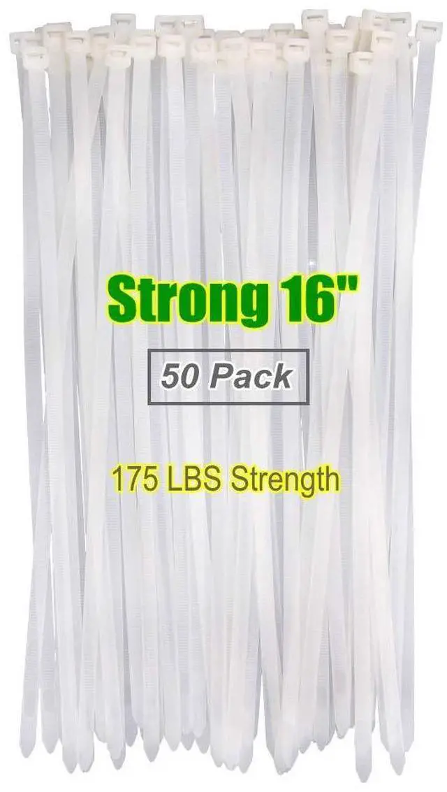 Main image of 16 Inch White Clear Cable Zip Ties Heavy Duty 50 Pack, 175 lb | 16"clear zip tie strong and thick. Weatherproof outdoor use for garden, trellised, chicken run, outdoor project, cable mgmt
