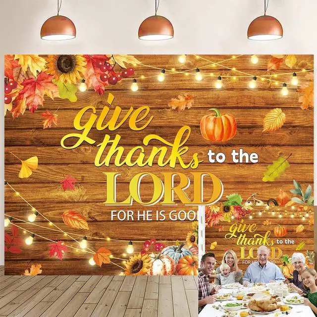 Main image of Thanksgiving Christian Backdrop Fall Harvest Give Thanks to The Lord Religious Wooden Background Autumn Pumpkins Friendsgiving Family Party Decorations Banner Photo Props (8x6FT)