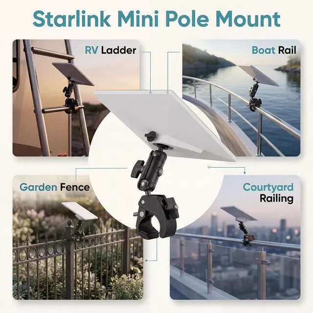 Alt view image 7 of 7 - Adjustable Pole Mount Clamp for Starlink Mini with Round Adapter | RV mounting bracket for compatible rails, ladders, pipes, roof racks, shelves, boats and outdoor setups