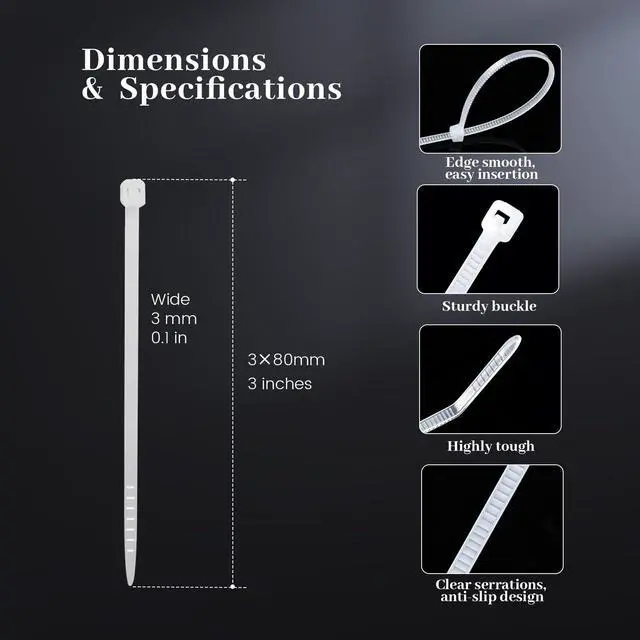 Alt view image 3 of 7 - 2000 (Size: 3x80mm/3 inches) White Self-Locking Nylon Plastic Cable Cord Zip Ties Wrap Fasten Wire Durable Indoor Outdoor Travel Home Corrosion Resistance