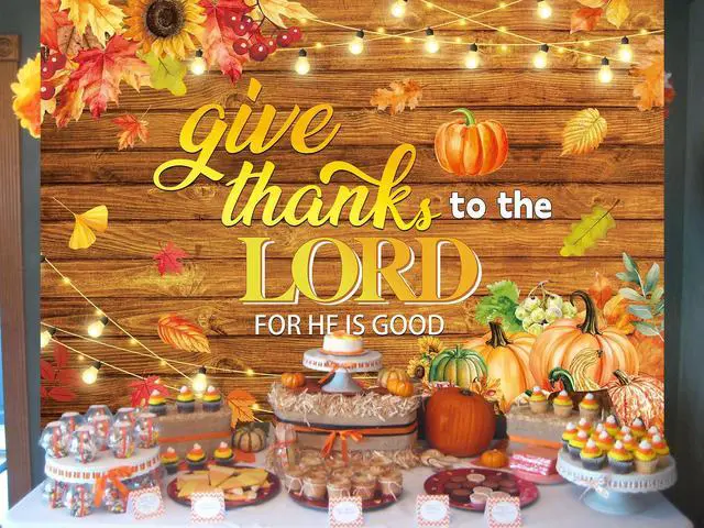Alt view image 5 of 7 - Thanksgiving Christian Backdrop Fall Harvest Give Thanks to The Lord Religious Wooden Background Autumn Pumpkins Friendsgiving Family Party Decorations Banner Photo Props (8x6FT)