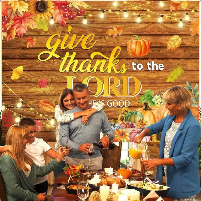 Alt view image 6 of 7 - Thanksgiving Christian Backdrop Fall Harvest Give Thanks to The Lord Religious Wooden Background Autumn Pumpkins Friendsgiving Family Party Decorations Banner Photo Props (8x6FT)