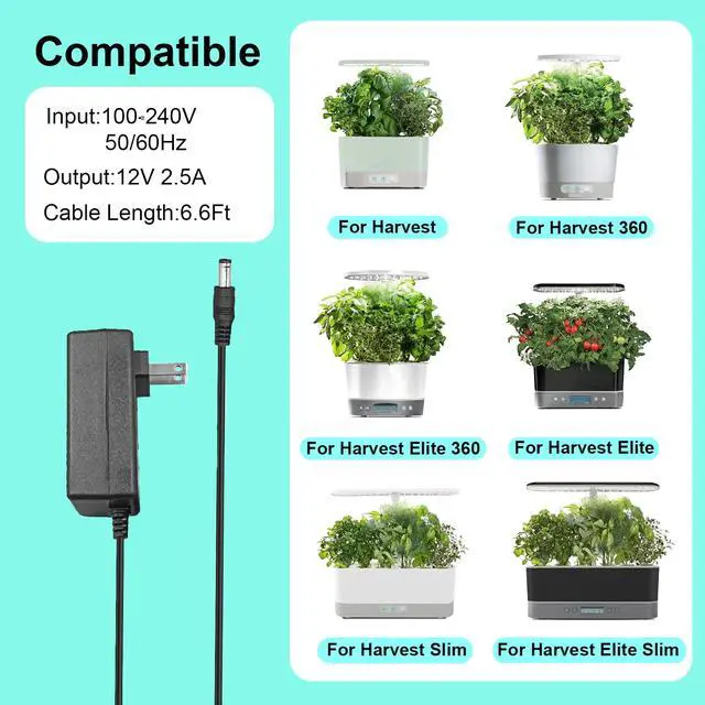 Alt view image 2 of 5 - 12V Power Cord Replacement for Aerogarden Harvest 360 Slime Elite | Compatible with Aerogarden 100690 100691 100692 100693 100694 100695 Series Power Supply Charger