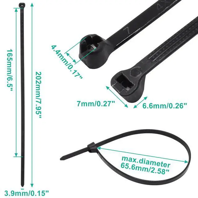 Alt view image 2 of 7 - 150pcs Push Mount Zip Ties 8 inch, Self Locking Straps Cable Zip Tie with Stainless Steel Metal Tooth Locking Device Heavy Duty Nylon Zip Tie Clips (8", Black)