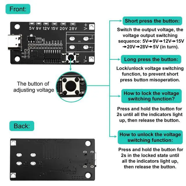 Alt view image 3 of 6 - 4PCS USB-C PD3.0/3.1 QC Trigger Module USB-C PD 5V 9V 12V 15V 20V 28V 5A Adjustable Voltage Power Trigger Board Type-C Female Input with Indicator