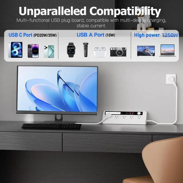 Alt view image 4 of 7 - Desk Extension Lead with USB Slots, PD 35W + PD 20W Fast Charging Power Station with Night Light, 5 Way Plug Extension Socket Surge Protector, Desktop Power Strip 1.8M for Home Office (White)