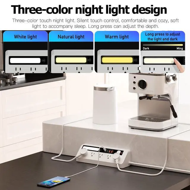 Alt view image 5 of 7 - Desk Extension Lead with USB Slots, PD 35W + PD 20W Fast Charging Power Station with Night Light, 5 Way Plug Extension Socket Surge Protector, Desktop Power Strip 1.8M for Home Office (White)