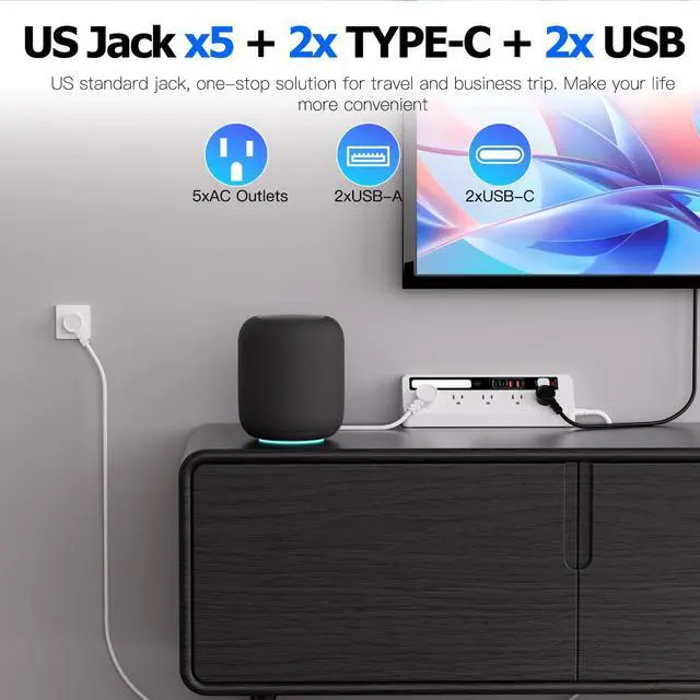 Alt view image 6 of 7 - Desk Extension Lead with USB Slots, PD 35W + PD 20W Fast Charging Power Station with Night Light, 5 Way Plug Extension Socket Surge Protector, Desktop Power Strip 1.8M for Home Office (White)