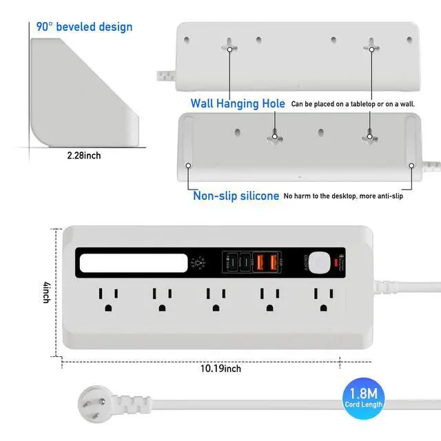 Alt view image 7 of 7 - Desk Extension Lead with USB Slots, PD 35W + PD 20W Fast Charging Power Station with Night Light, 5 Way Plug Extension Socket Surge Protector, Desktop Power Strip 1.8M for Home Office (White)