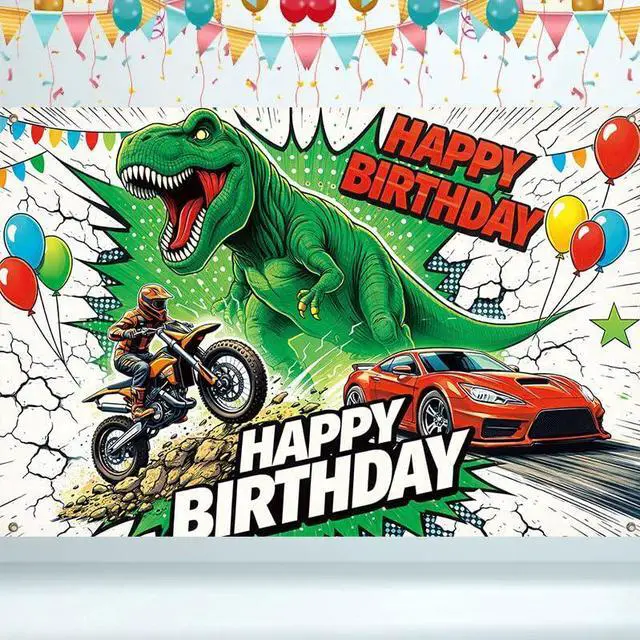 Main image of Dinosaur Birthday Decorations Banner 43 x 71 Inches, T Rex Dino Happy Birthday Backdrop for Boys, Racing Car and Motorcycle Party Supplies Indoor Outdoor