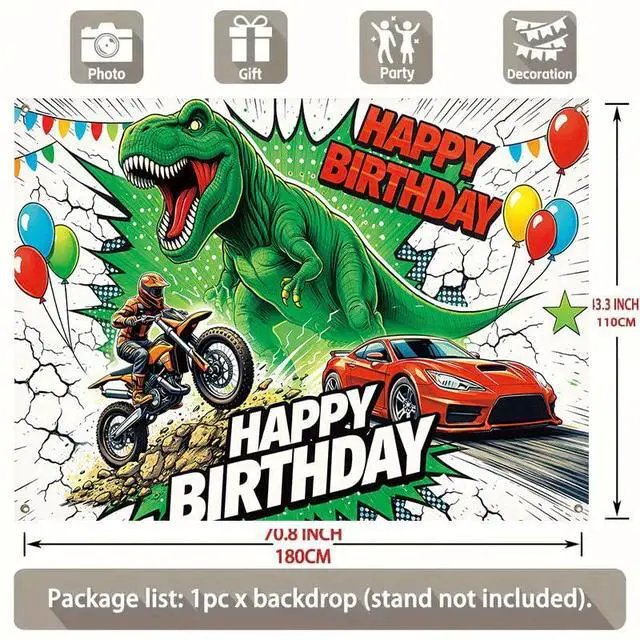 Alt view image 2 of 7 - Dinosaur Birthday Decorations Banner 43 x 71 Inches, T Rex Dino Happy Birthday Backdrop for Boys, Racing Car and Motorcycle Party Supplies Indoor Outdoor