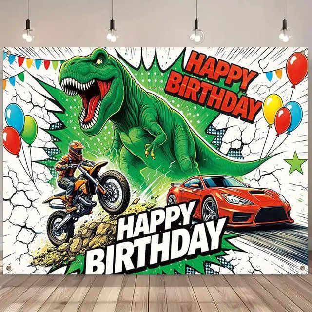 Alt view image 3 of 7 - Dinosaur Birthday Decorations Banner 43 x 71 Inches, T Rex Dino Happy Birthday Backdrop for Boys, Racing Car and Motorcycle Party Supplies Indoor Outdoor