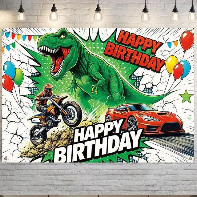Alt view image 5 of 7 - Dinosaur Birthday Decorations Banner 43 x 71 Inches, T Rex Dino Happy Birthday Backdrop for Boys, Racing Car and Motorcycle Party Supplies Indoor Outdoor
