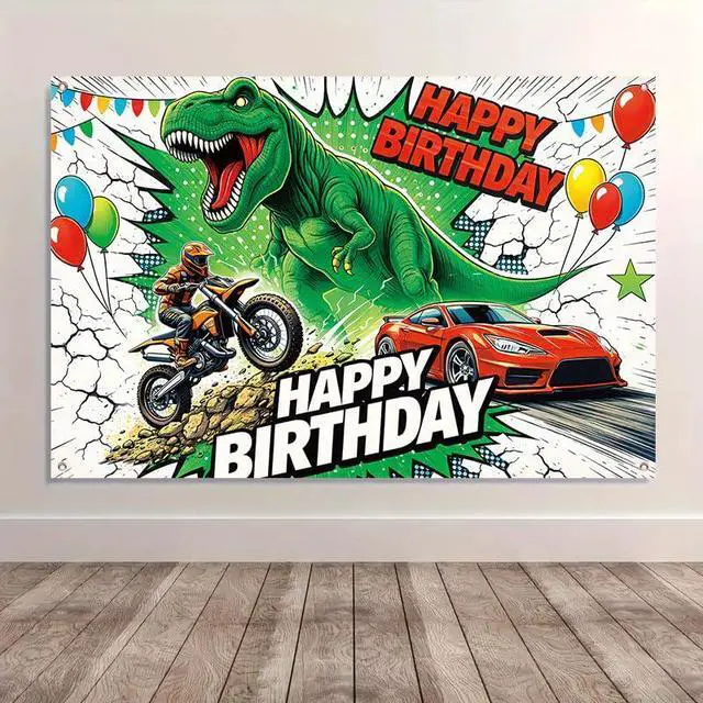 Alt view image 4 of 7 - Dinosaur Birthday Decorations Banner 43 x 71 Inches, T Rex Dino Happy Birthday Backdrop for Boys, Racing Car and Motorcycle Party Supplies Indoor Outdoor