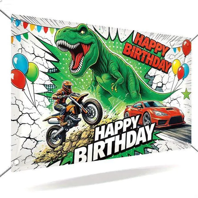 Alt view image 6 of 7 - Dinosaur Birthday Decorations Banner 43 x 71 Inches, T Rex Dino Happy Birthday Backdrop for Boys, Racing Car and Motorcycle Party Supplies Indoor Outdoor