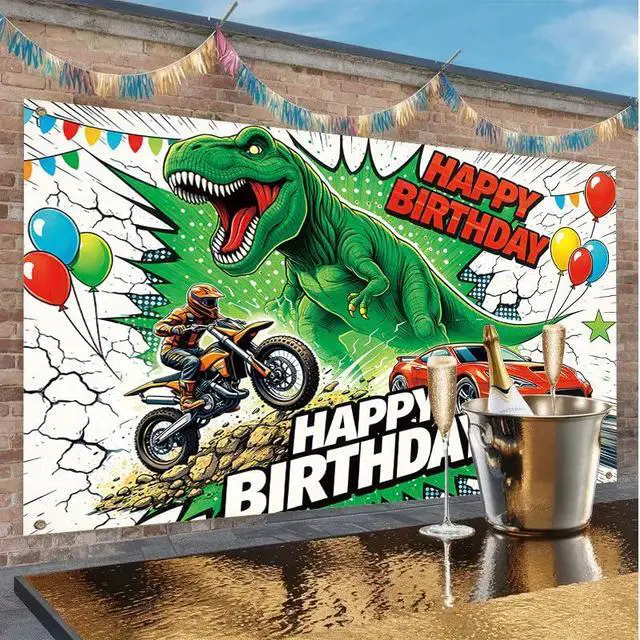Alt view image 7 of 7 - Dinosaur Birthday Decorations Banner 43 x 71 Inches, T Rex Dino Happy Birthday Backdrop for Boys, Racing Car and Motorcycle Party Supplies Indoor Outdoor