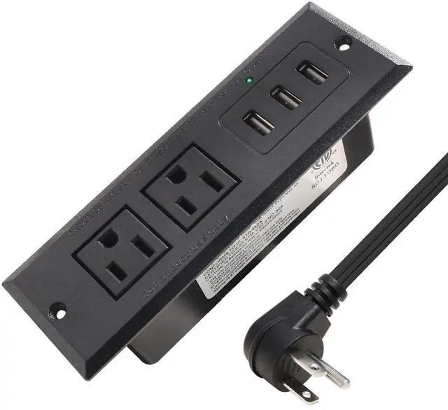 Main image of Desktop Recessed Power Strip with USB Flush Mount Power Socket 2 Outlets 3 USB Ports (15W/3A) Flat Plug Charge Station for Table Cabinet Sofa Counter