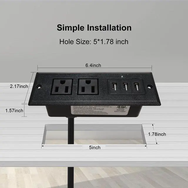 Alt view image 2 of 7 - Desktop Recessed Power Strip with USB Flush Mount Power Socket 2 Outlets 3 USB Ports (15W/3A) Flat Plug Charge Station for Table Cabinet Sofa Counter