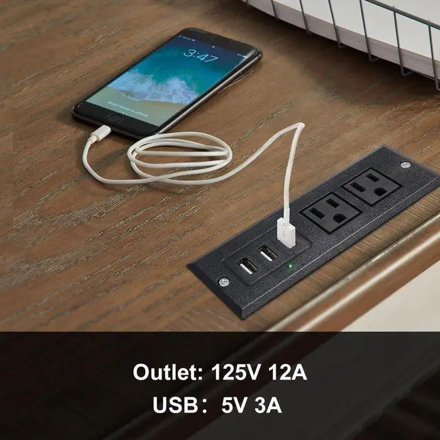 Alt view image 4 of 7 - Desktop Recessed Power Strip with USB Flush Mount Power Socket 2 Outlets 3 USB Ports (15W/3A) Flat Plug Charge Station for Table Cabinet Sofa Counter