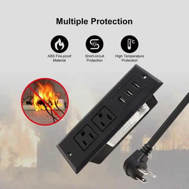 Alt view image 5 of 7 - Desktop Recessed Power Strip with USB Flush Mount Power Socket 2 Outlets 3 USB Ports (15W/3A) Flat Plug Charge Station for Table Cabinet Sofa Counter