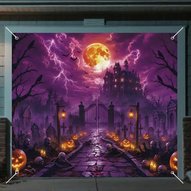 Main image of Dark Pumpkin Halloween Garage Door Cover 7x8 FT Decorations | Spooky Garage Door Banner, Rope and Grommet Easy Mount, High Quality, Harvest Night Theme, Halloween Decor