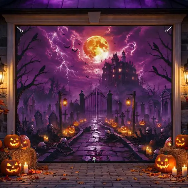 Alt view image 3 of 6 - Dark Pumpkin Halloween Garage Door Cover 7x8 FT Decorations | Spooky Garage Door Banner, Rope and Grommet Easy Mount, High Quality, Harvest Night Theme, Halloween Decor