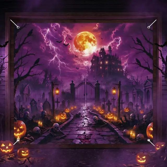 Alt view image 4 of 6 - Dark Pumpkin Halloween Garage Door Cover 7x8 FT Decorations | Spooky Garage Door Banner, Rope and Grommet Easy Mount, High Quality, Harvest Night Theme, Halloween Decor