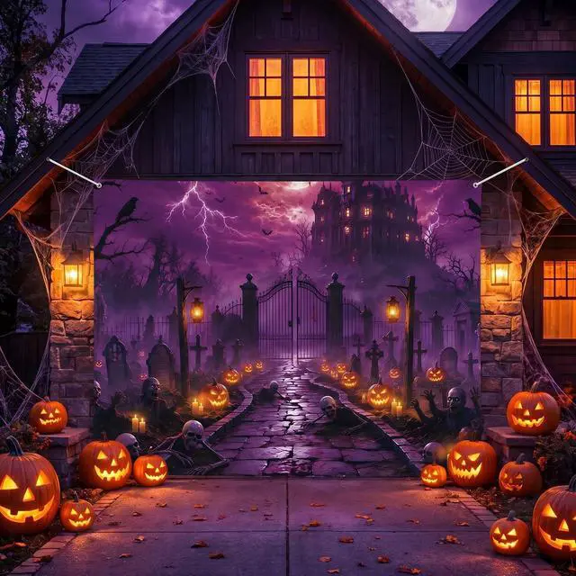 Alt view image 5 of 6 - Dark Pumpkin Halloween Garage Door Cover 7x8 FT Decorations | Spooky Garage Door Banner, Rope and Grommet Easy Mount, High Quality, Harvest Night Theme, Halloween Decor