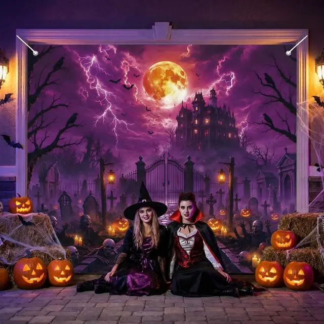 Alt view image 6 of 6 - Dark Pumpkin Halloween Garage Door Cover 7x8 FT Decorations | Spooky Garage Door Banner, Rope and Grommet Easy Mount, High Quality, Harvest Night Theme, Halloween Decor