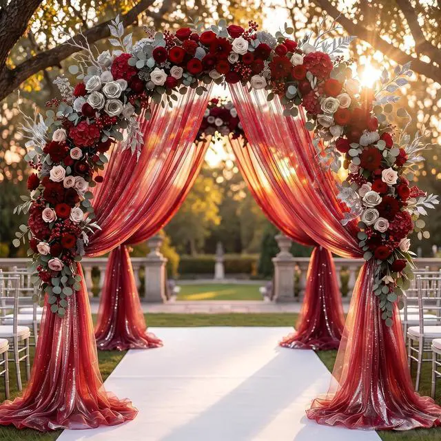 Main image of Wedding Arch Draping Fabric 28" x19FT Wine Red Shimmery Sheer Fabric Drapes 2 Panels Arch Backdrop Curtains for Wedding Decor Ceremony Birthday Party Baby Shower Home Decoration