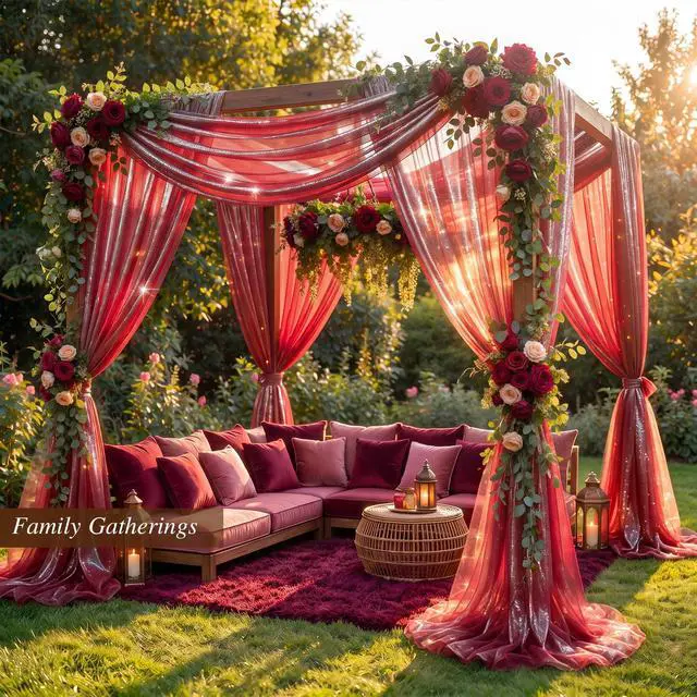 Alt view image 6 of 7 - Wedding Arch Draping Fabric 28" x19FT Wine Red Shimmery Sheer Fabric Drapes 2 Panels Arch Backdrop Curtains for Wedding Decor Ceremony Birthday Party Baby Shower Home Decoration