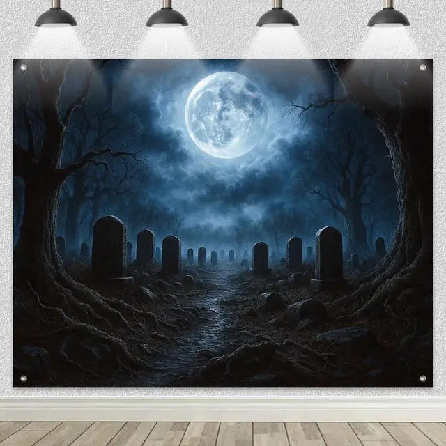 Main image of Halloween Backdrop Dark Forest Cemetery 8x6ft | Halloween Party Backdrop with Cemetery Tombstones Full Moon Twisted Trees for Indoor Outdoor Photo Booth and Wall Decoration