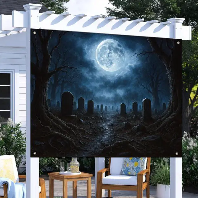 Alt view image 3 of 7 - Halloween Backdrop Dark Forest Cemetery 8x6ft | Halloween Party Backdrop with Cemetery Tombstones Full Moon Twisted Trees for Indoor Outdoor Photo Booth and Wall Decoration