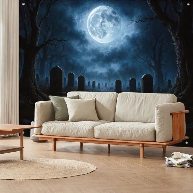 Alt view image 2 of 7 - Halloween Backdrop Dark Forest Cemetery 8x6ft | Halloween Party Backdrop with Cemetery Tombstones Full Moon Twisted Trees for Indoor Outdoor Photo Booth and Wall Decoration
