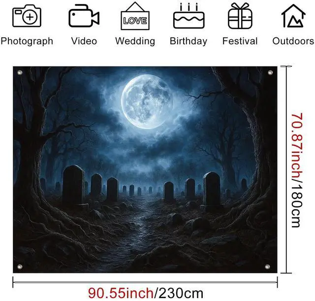 Alt view image 7 of 7 - Halloween Backdrop Dark Forest Cemetery 8x6ft | Halloween Party Backdrop with Cemetery Tombstones Full Moon Twisted Trees for Indoor Outdoor Photo Booth and Wall Decoration