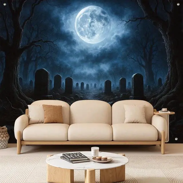 Alt view image 6 of 7 - Halloween Backdrop Dark Forest Cemetery 8x6ft | Halloween Party Backdrop with Cemetery Tombstones Full Moon Twisted Trees for Indoor Outdoor Photo Booth and Wall Decoration