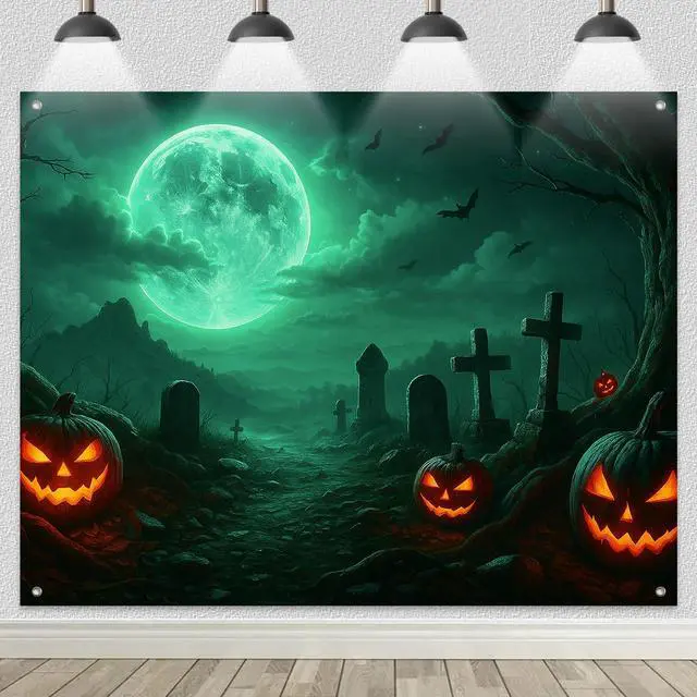 Main image of Halloween Backdrop Pumpkin Moon Scene 8x6ft | Halloween Party Backdrop with Cemetery Pumpkins Lanterns Full Moon Ghosts for Indoor Outdoor Photo Booth and Wall Decoration