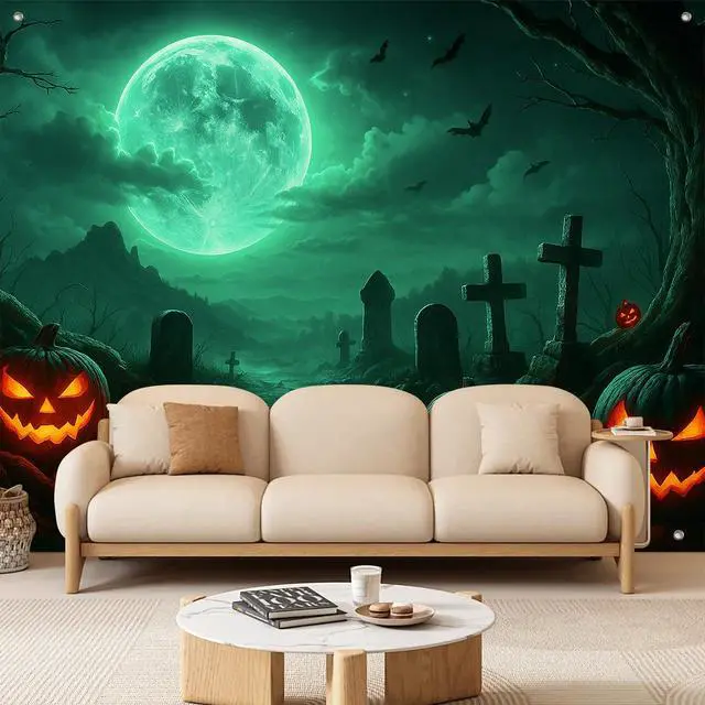 Alt view image 2 of 7 - Halloween Backdrop Pumpkin Moon Scene 8x6ft | Halloween Party Backdrop with Cemetery Pumpkins Lanterns Full Moon Ghosts for Indoor Outdoor Photo Booth and Wall Decoration