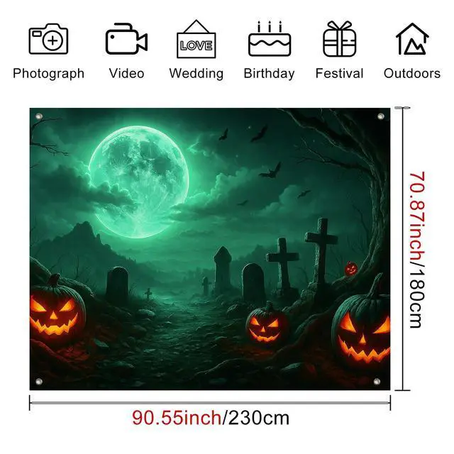 Alt view image 3 of 7 - Halloween Backdrop Pumpkin Moon Scene 8x6ft | Halloween Party Backdrop with Cemetery Pumpkins Lanterns Full Moon Ghosts for Indoor Outdoor Photo Booth and Wall Decoration