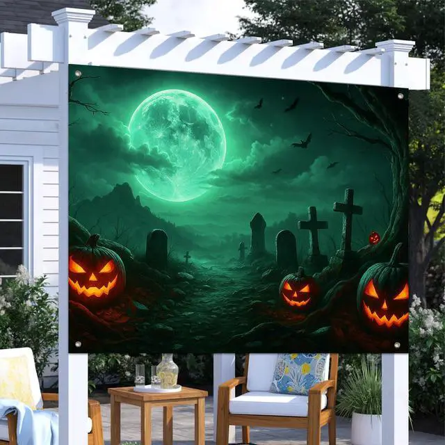 Alt view image 5 of 7 - Halloween Backdrop Pumpkin Moon Scene 8x6ft | Halloween Party Backdrop with Cemetery Pumpkins Lanterns Full Moon Ghosts for Indoor Outdoor Photo Booth and Wall Decoration