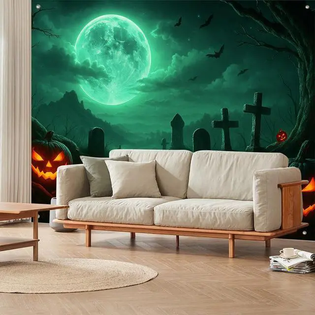 Alt view image 4 of 7 - Halloween Backdrop Pumpkin Moon Scene 8x6ft | Halloween Party Backdrop with Cemetery Pumpkins Lanterns Full Moon Ghosts for Indoor Outdoor Photo Booth and Wall Decoration