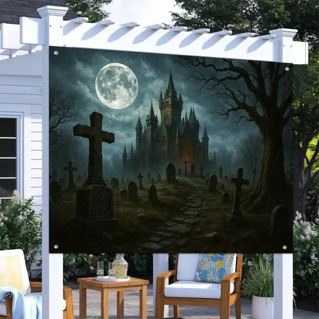 Alt view image 3 of 7 - Halloween Backdrop Haunted Castle Cemetery 8x6ft | Halloween Party Backdrop with Haunted Castle Cemetery Full Moon Tombstones Dead Tree Pathway for Photo Booth Decoration