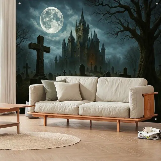 Alt view image 2 of 7 - Halloween Backdrop Haunted Castle Cemetery 8x6ft | Halloween Party Backdrop with Haunted Castle Cemetery Full Moon Tombstones Dead Tree Pathway for Photo Booth Decoration