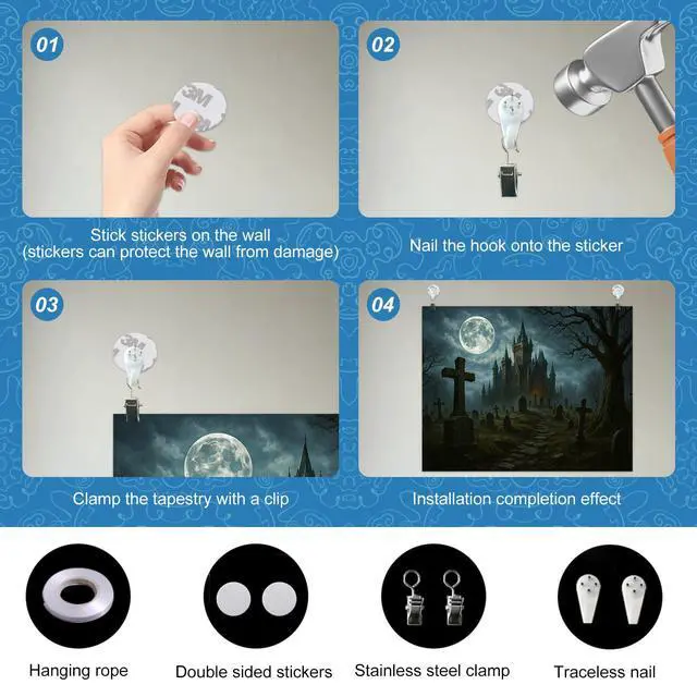 Alt view image 5 of 7 - Halloween Backdrop Haunted Castle Cemetery 8x6ft | Halloween Party Backdrop with Haunted Castle Cemetery Full Moon Tombstones Dead Tree Pathway for Photo Booth Decoration