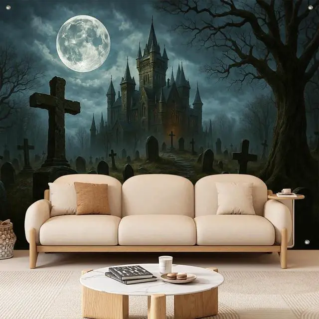 Alt view image 6 of 7 - Halloween Backdrop Haunted Castle Cemetery 8x6ft | Halloween Party Backdrop with Haunted Castle Cemetery Full Moon Tombstones Dead Tree Pathway for Photo Booth Decoration